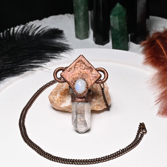 Copper Electroformed Diamond Moonstone Clear Quartz Crystal Necklace - Picture 3 of 3